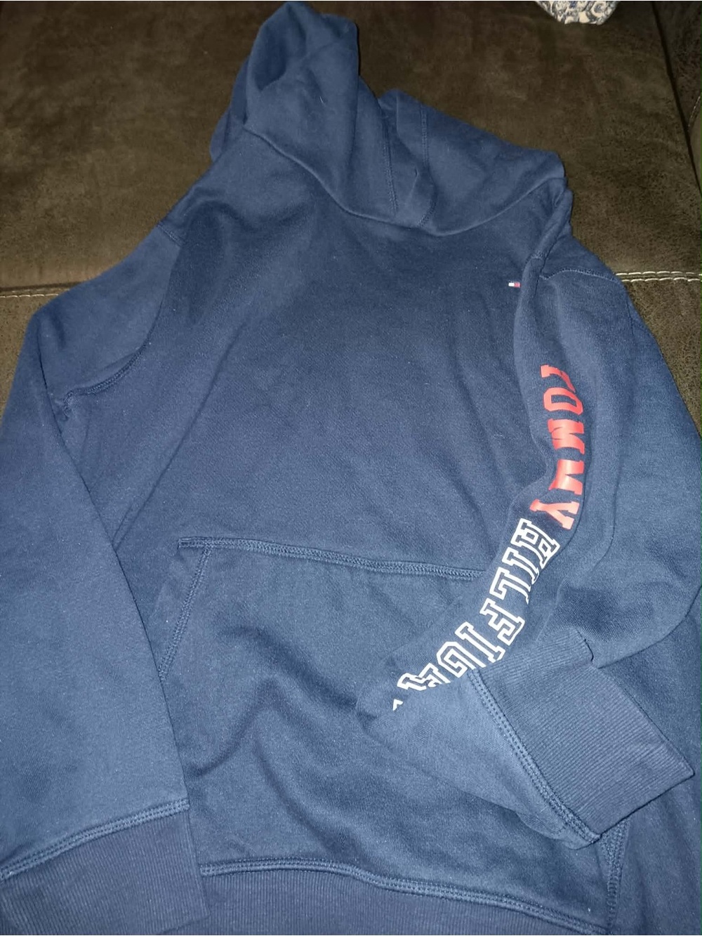 Tommy Hilfiger Navy Hoodie with Red Sleeve Script